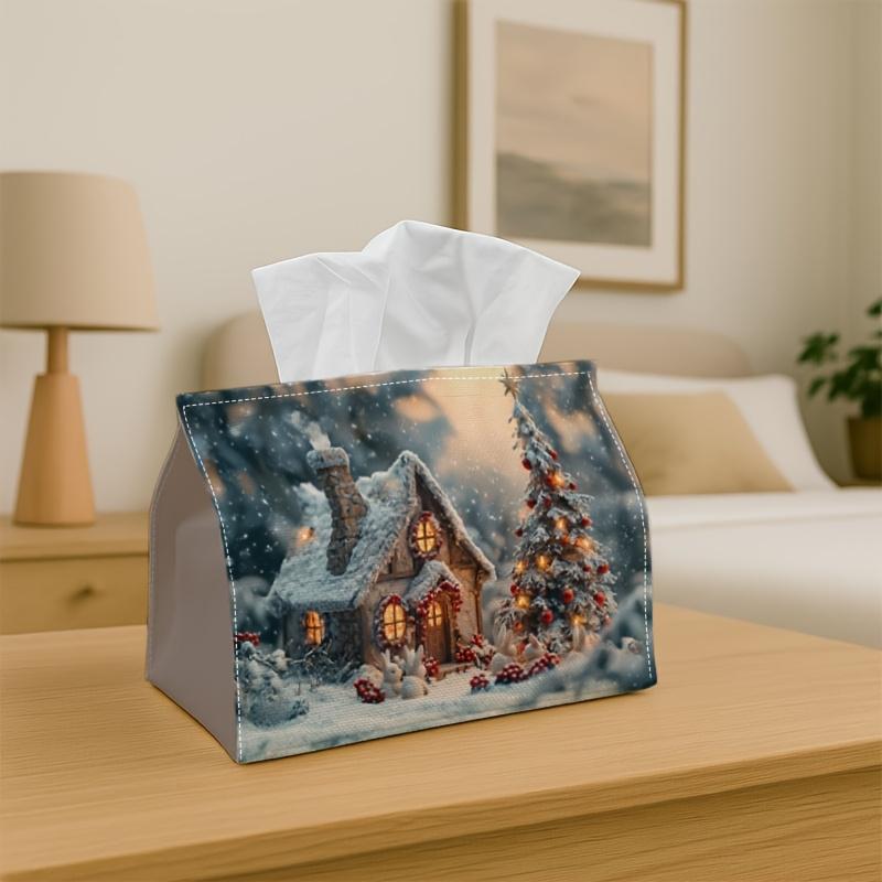 1pc Snowy Cottage Christmas Tissue Box | Multi-functional Napkin Dispenser, Suitable for Home, Parties, Car Decoration Cozy Winter Scene - Decorative