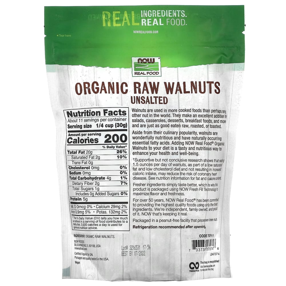NOW Foods Real Food Unprocessed Unsalted Walnuts 340g (12 oz)