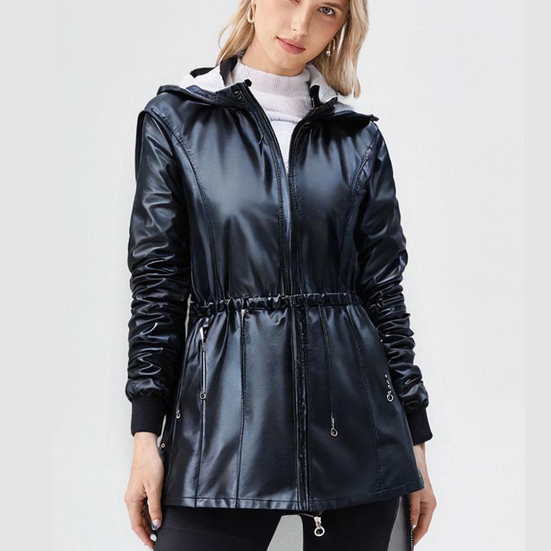 Autumn Winter Women's Fleece Leather Jacket Mid-Length Slim Fit PU Hooded Leather Jacket Flocked Thick Warm Leather Coat