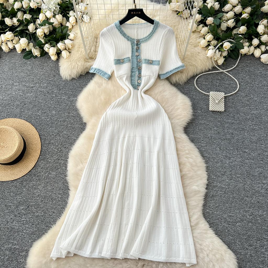 Summer Women Elegant Short Sleeve Denim Patchwork Knitted Sweater Long Midi Party Dresses