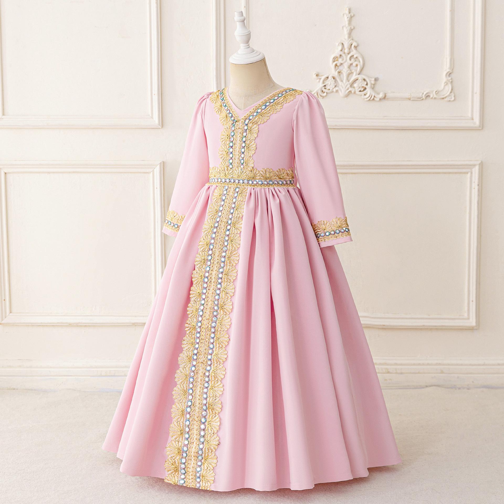 

New Girls Gold Foil Long Sleeve Princess Dress - Four-Way Stretch Evening Gown for Little Girls 110cm/4Y рожевий