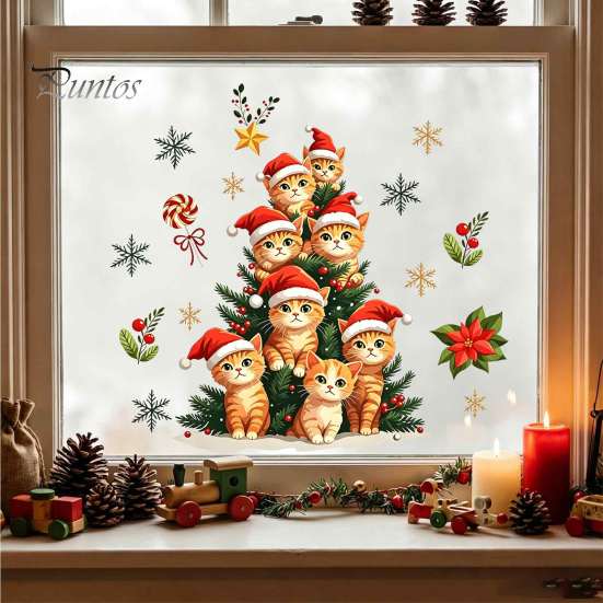 Reusable Glass Stickers Christmas Static Window Clings, Orange Cat Tree Stickers, Santa Hat Kitten Party Supplies Xmas Decals, Festive Holiday