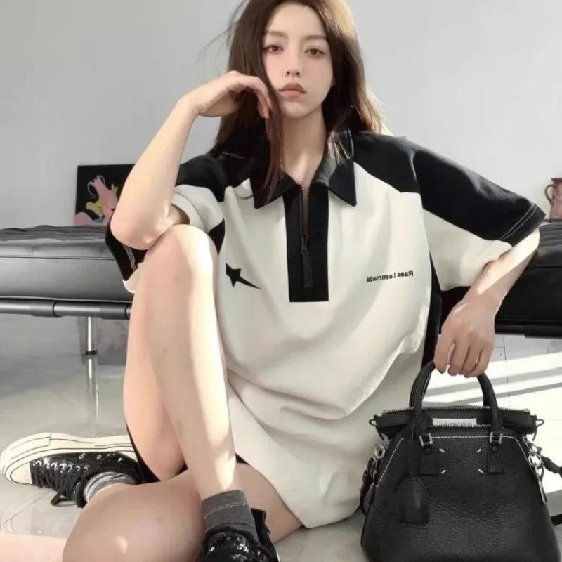 2KWEIRD Koreanischer Y2k-Reißverschluss T-Shirt Vintage Lässig Kpop Mode Sommer Grunge Übergroße Weiße T-Shirts Locker Kurzärmeliges Oberteil