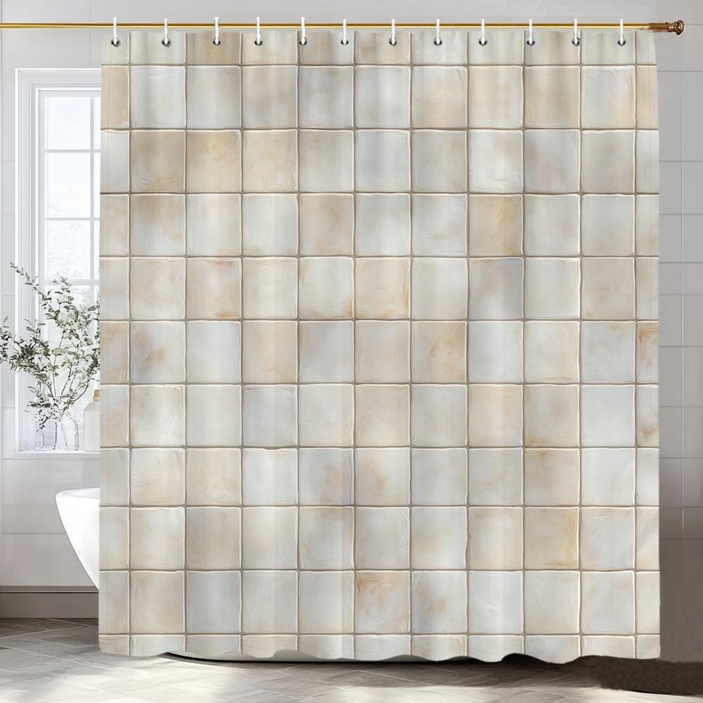Geometric Square Mosaic Pattern Shower Curtain, Bathroom Decorative Shower Curtain, Waterproof Shower Curtain With Hooks