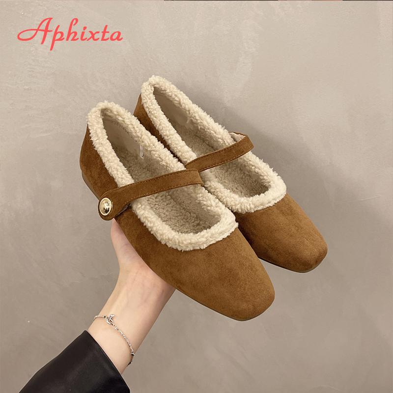 Aphixta Leopard Loafers Square Heels Shoes Furry Warm Women Square Toe Casual Woman Shoes Classic Autumn Winter Marry Janes