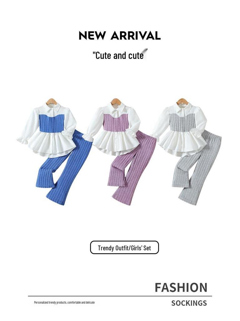 Girls' Cross-Border Pink Knitted Vest with Lace Shirt & Wool-Blend Striped Pants Set