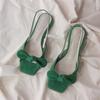 French velvet green square head with open-toed sandals women's summer bow flat low-heeled cool slippers