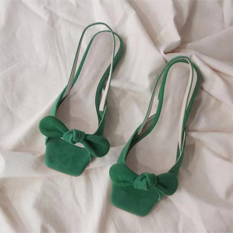 French velvet green square head with open-toed sandals women's summer bow flat low-heeled cool slippers