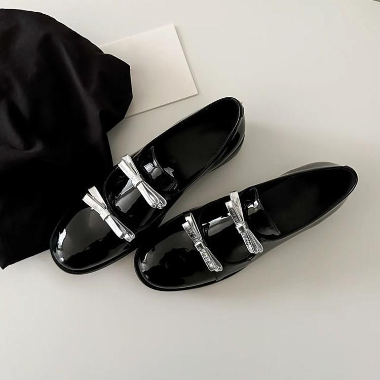 Damen Flache Lässige Flache Mund Einzelne Schuhe Runde Zehenpartie Slipper Damen Slipper Einfarbig Flache Schleife Lackleder Sohle Mujer