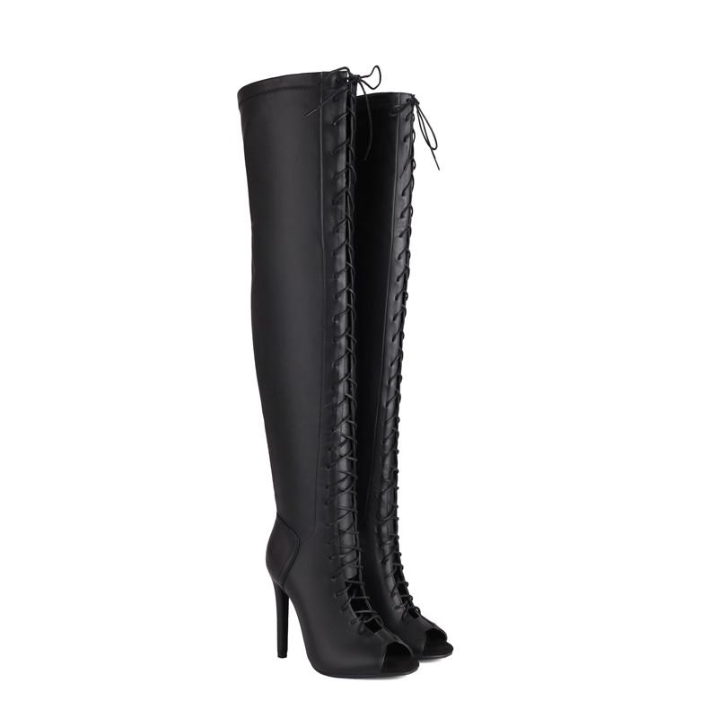 

Women s high-heeled cool boots European and American style spring and summer new thin-heeled hollowed-out large-size fish mouth knee cool boots 35 чорний