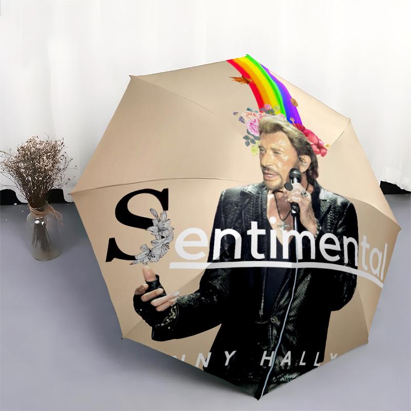 1pc Johnny Hallyday pattern Umbrella Portable Folding Umbrella Iron Frame Hole Bone Structure Outdoor Home Umbrella