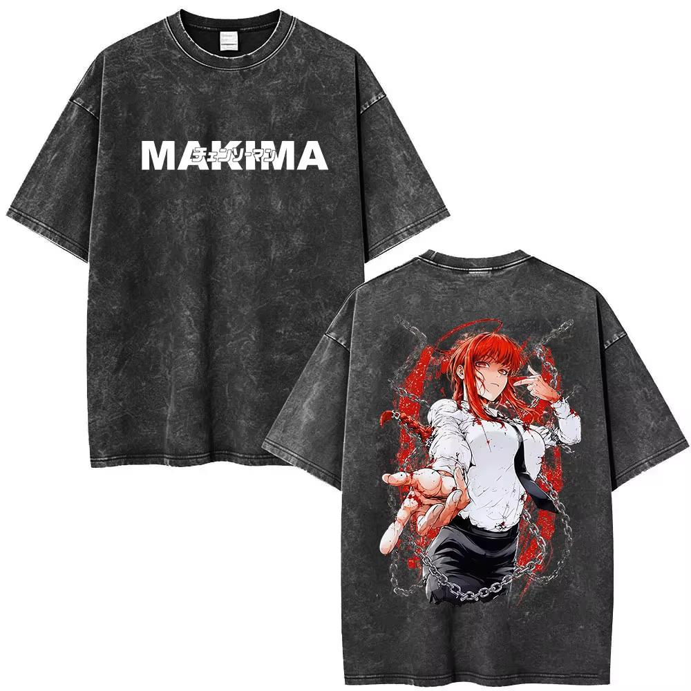 2026 Summer Hot Sale Anime Chainsaw Man MAKIMA Vintage Washed T Shirts Y2K Men Women Hip Hop Punk Streetwear Oversized T-shirt