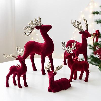 NUCHI Wine Red Flocked Reindeer Ornament for Christmas Tree & Table Decor