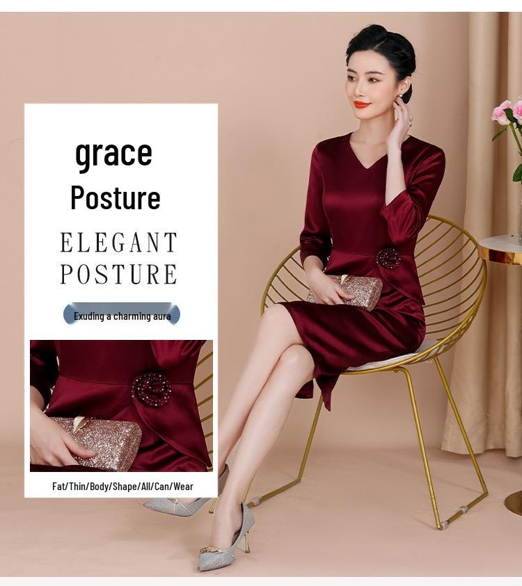 2025 Autumn Elegant V-neck Slimming Dress for Young Mothers - Wine Red Acetate Skirt