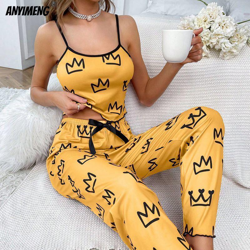 

Crown Printing Women Sling Wide-legs Pajamas Set Fashion Pijama for Girl Soft Milk Silk Sleepwear Casual Lady Sexy Nightwear S жовтий