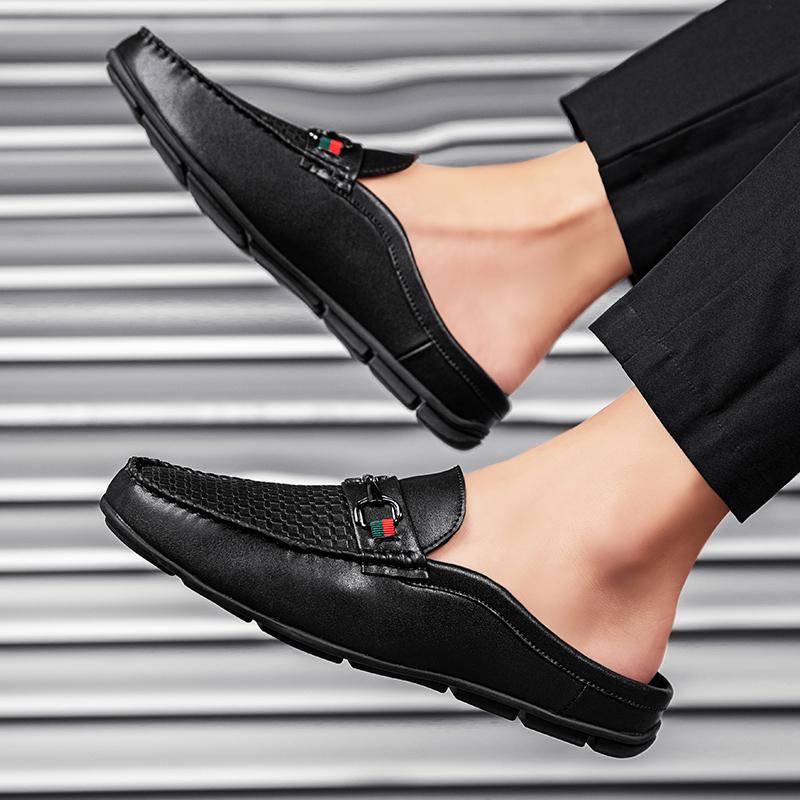 Letní pánské ležérní boty mokasíny módní nazouvací z pravé kůže poloviční pantofle pro muže luxusní značka pohodlné řidičské boty mokasíny