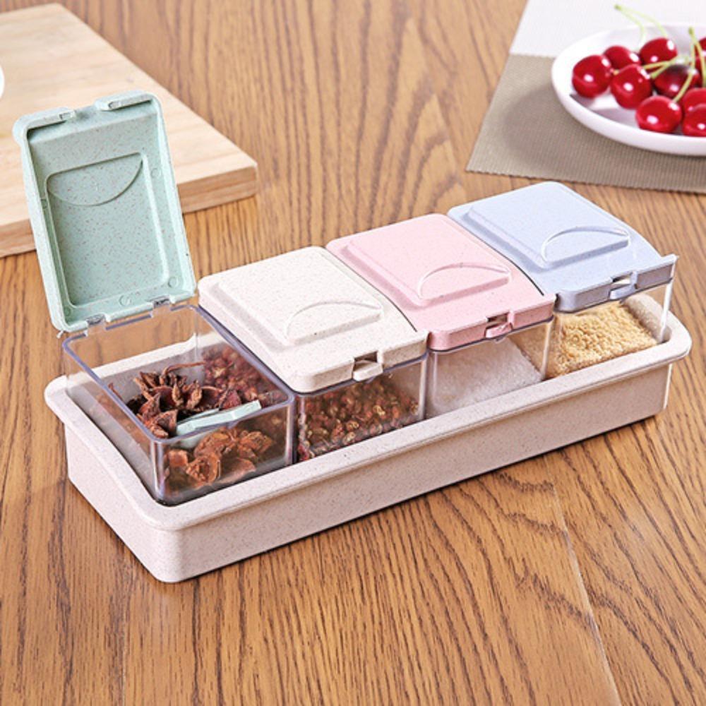 New 4 Grids Seasoning Box with Spoon Multifunctuion Kitchen Organizer Integrated Eco-friendly Storage Spice Jars Kitchen Use