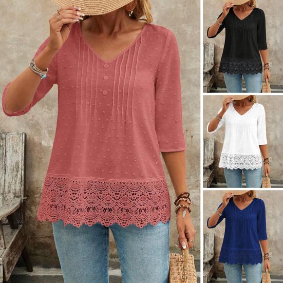 Women Shirt V-Neck 45720 Sleeve Casual Shirt with Lace Hollow Spliced Hem