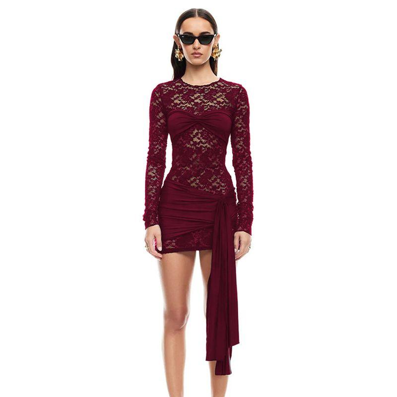 

Elsa European and American Spring Summer New Lace Perspective Hip Skirt Sexy round Neck Long sleeve Ribbon Slim dress Women Wine red L