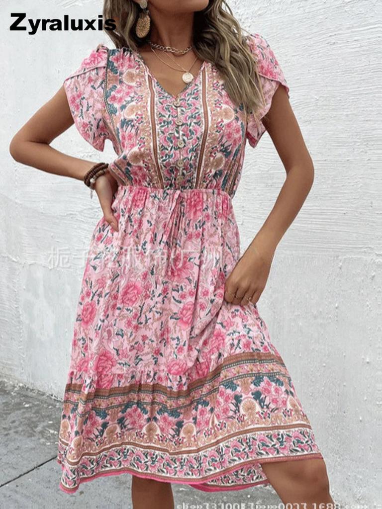 New Summer French Country Style V-Neck Floral Casual Fashion Printed Short Sleeve Dress for Women