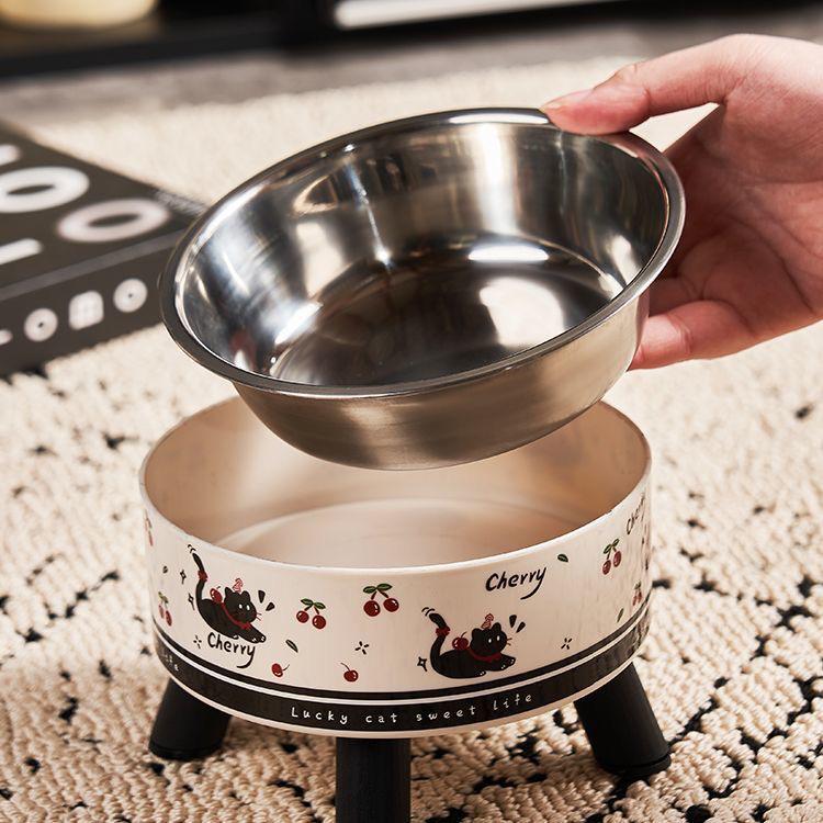 Polka Dot High-Footed Stainless Steel Pet Bowl - Anti-Spill, Neck Protection for Cats & Dogs