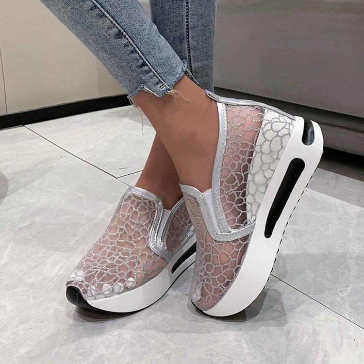 Women's Sneakers Floral Embroidery Mesh Sneakers for Women Slip on Casual Comfy Heeled Shoes Woman