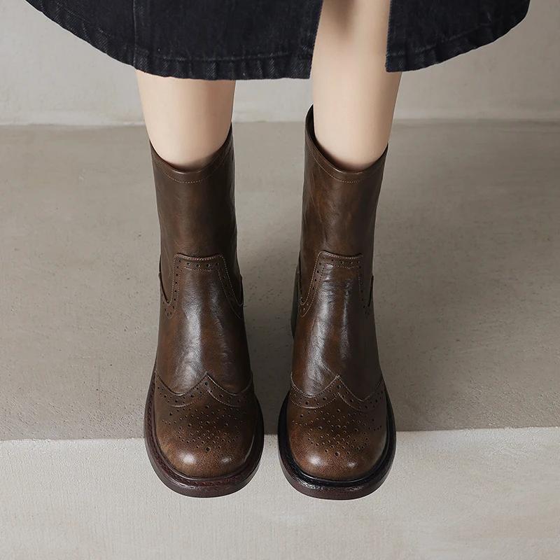 Fashion 2024 Winter Genuine Leather Women Boots Autumn Women Shoes Brogues Vintage Block Chelsea Boots Retro Ankl Boots