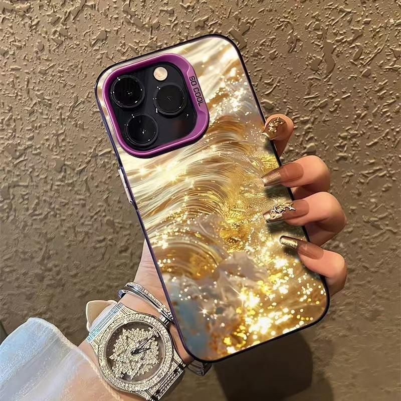 Luxury Golden Wave Glitter Phone Case For iPhone 17 16 Pro Max 17e 16e 15 14 13 12 11 8 7 SE 2020 Case Embossed Shockproof Cover