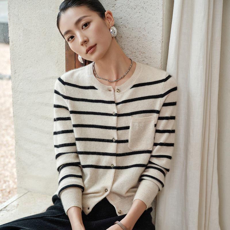 Women's 100% Pure Cashmere Striped Cardigan with Pockets and Buttons, Round Neck Sweater Outerwear