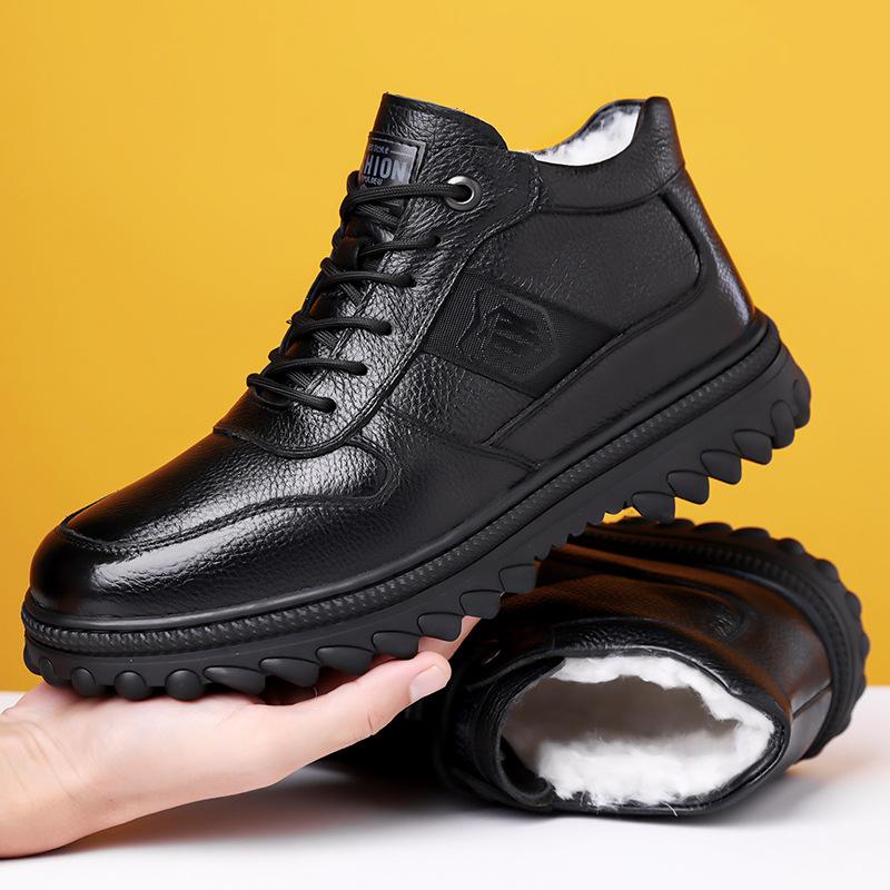 Men'S First-Layer Cowhide Cotton Shoes Winter Thickened Velvet Business Casual Shoes Fashion Thick-Soled Adult Warm Cotton Shoes