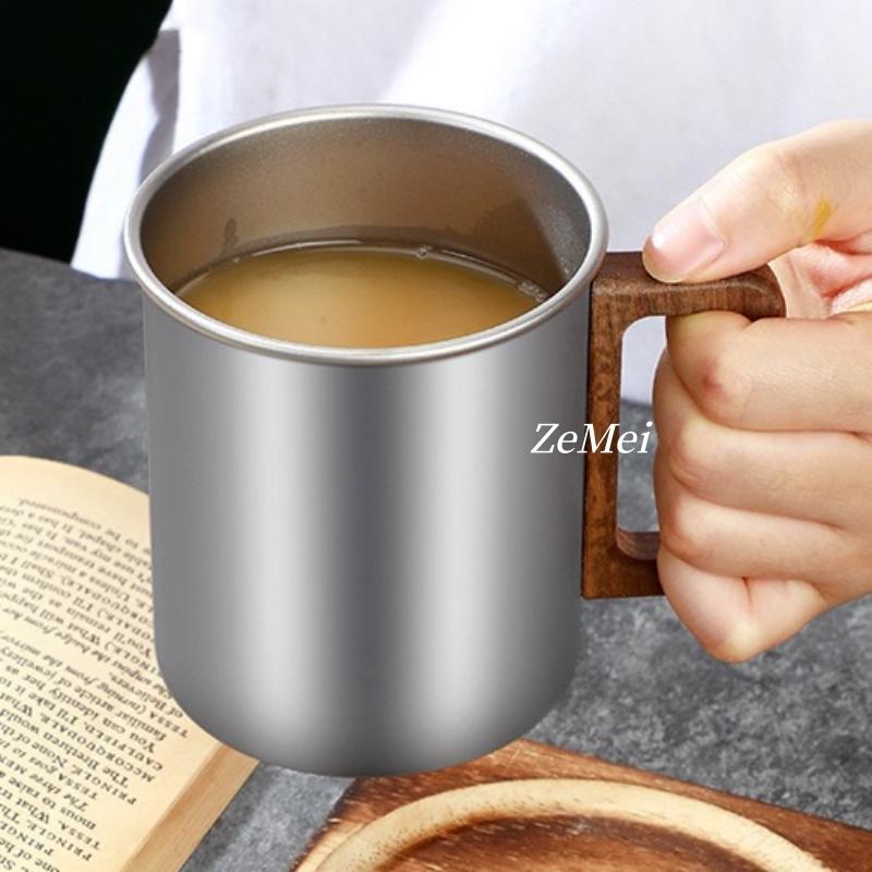 1Pcs Pure Titanium Double-Wall Coffee Mug,Wooden Handheld Water Cup Silver-Gray Drinking Office Tea Mug Exquisite Coffee Cup