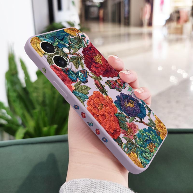 

Embroidery Flower Phone Case For iPhone 16 16e 15 14 13 12 11 X XR XS Plus Pro Max Mini Silicone Cover iPhone 16e светло-фиолетовый
