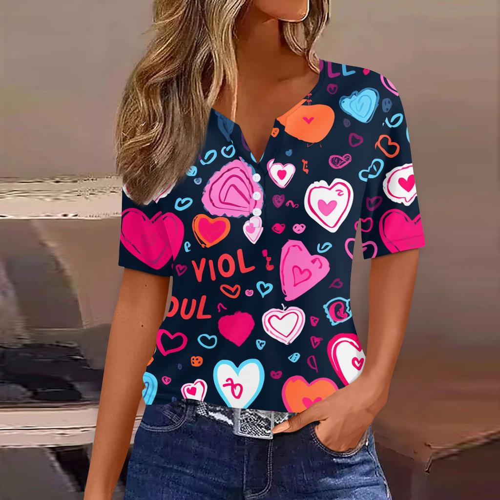 Damen T-Shirt mit Aufdruck zum Valentinstag, Knopfleiste, kurzärmelig, Tunika, für den Alltag, Wochenende, Basic, V-Ausschnitt, normales Oberteil