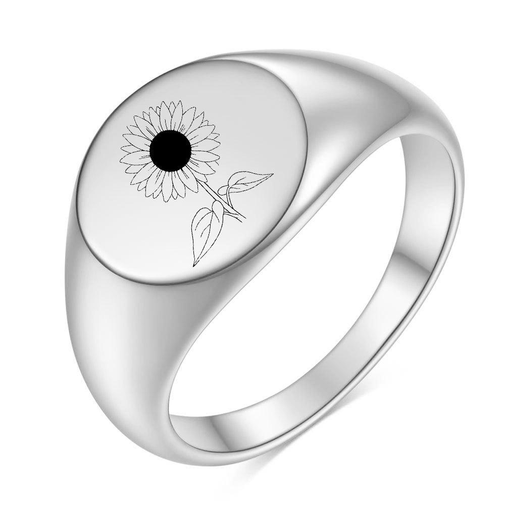 18K Gold Sunflower Ring: Smooth Stainless Steel, Laser Engraved, 12MM Round Design for Women. Size 8