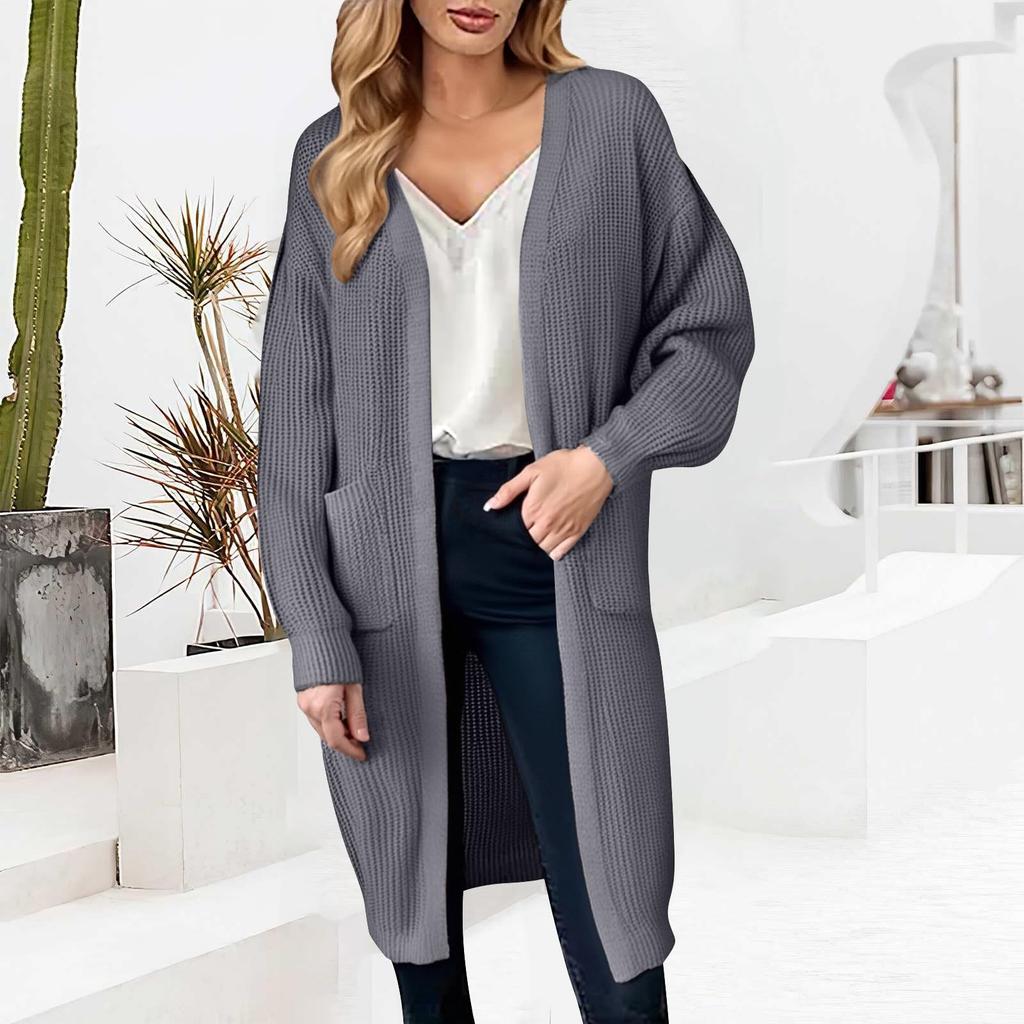 Women's fashionable long-sleeved pocket, large-sized loose cardigan sweater coat