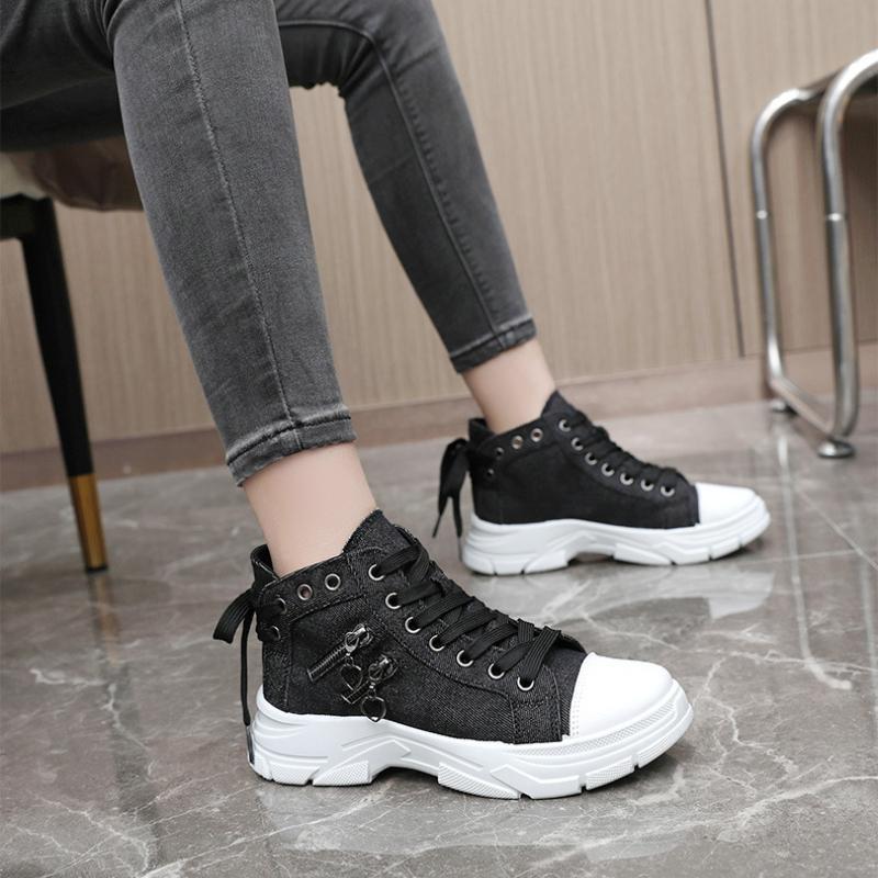 

Trendy High Top Canvas Shoes 2026 Autumn New Design Sense Thick Sole Height Increase Anti Slip Versatile High Top Women s Shoes 35 чёрный