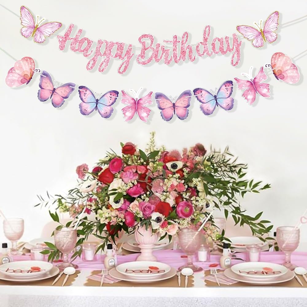 Pink Butterfly Birthday Banner, 63" x 23.6", Fade Resistant, Lightweight, Women/Girls/Teen Girls