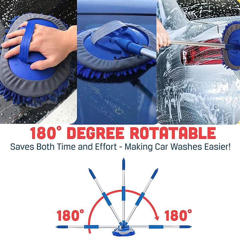 2 In 1 Car Wash Brush Mop Head Kit Three Section Telescoping Aluminum Alloy Long Handle Thick Chenille Cleaning Tool