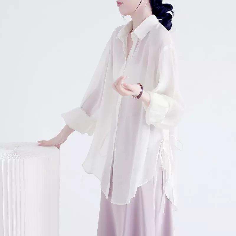 Dünne Abschnitt Tencel Sonnenschutz Shirt Shirt weibliche Sommer lose durchsichtige Ankuppeln außerhalb Klimaanlage Strickjacke Schal Eis Chiffon Bluse