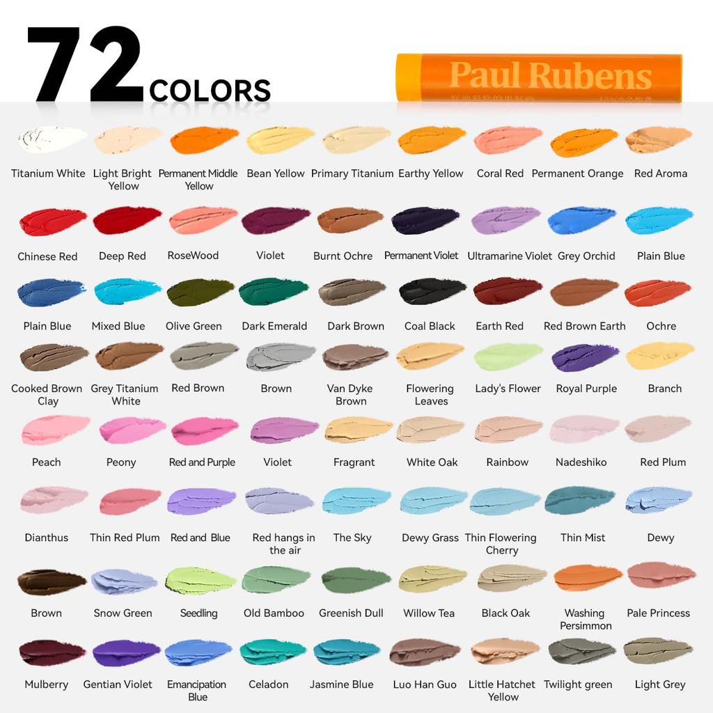 Paul Rubens Artist's Oil Pastels, 72-Color Floral Color Artist Soft Oil Pastel Set, Vibrant and Creamy, Pastel Art Supplies.