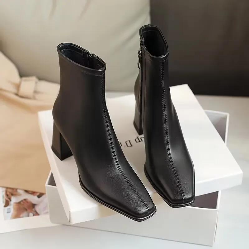 New Women Ankle Boots Square Head Suede Thick Heel Single Boots Low Barrel Mid Heel Side Zipper Solid Color Women Boots