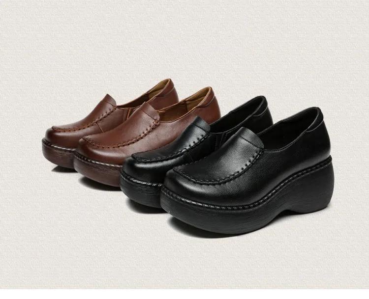 New Spring Women Loafers Genuine Cow Leather Slip-On Platform Casual Shoes Women Wedges Heel Retro Style Handmade Shoes