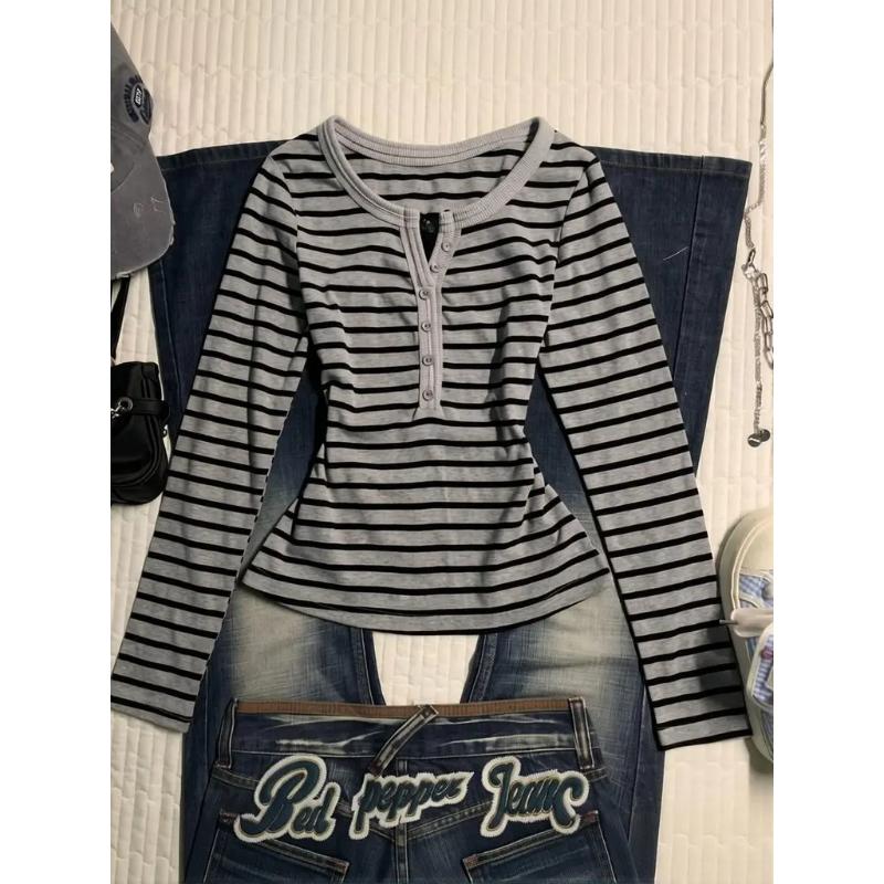 Striped Long Sleeve Top Women Korean Style Vintage Slim Fit Work Wear V Neck Button Autumn Winter Base Layer T-shirt