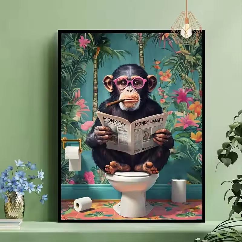 Funny Monkey Reading Newspaper OnToilet Canvas Print Black Cat Animal Bathroom Wall Art Poster for Modern Living Room Home Decor