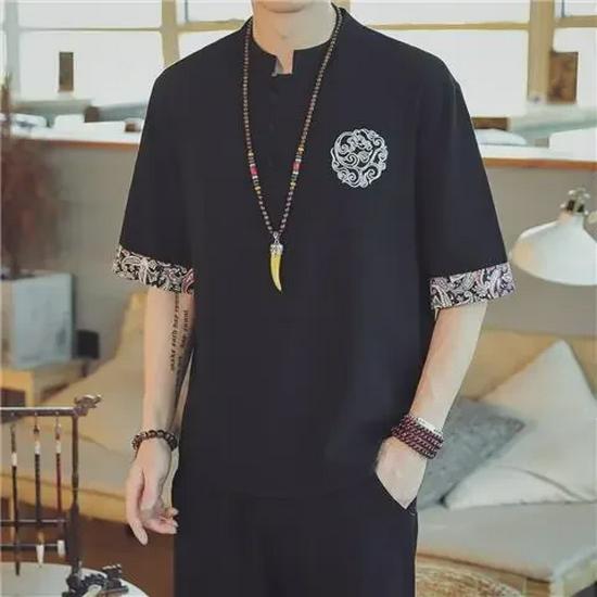 Men's Chinese Style Crane Embroidered Cotton-Linen Short-Sleeve T-Shirt