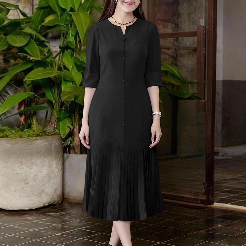 ZANZEA Women Casual V-Neck Half Sleeve Elegant Pleated Dress