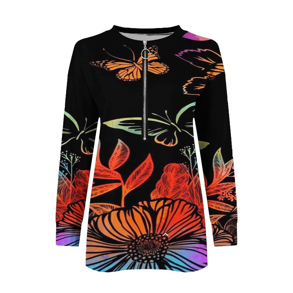 Women's Fashion Spring Loose Casual V Neck Zipper Print Long Sleeve T-Shirt Top