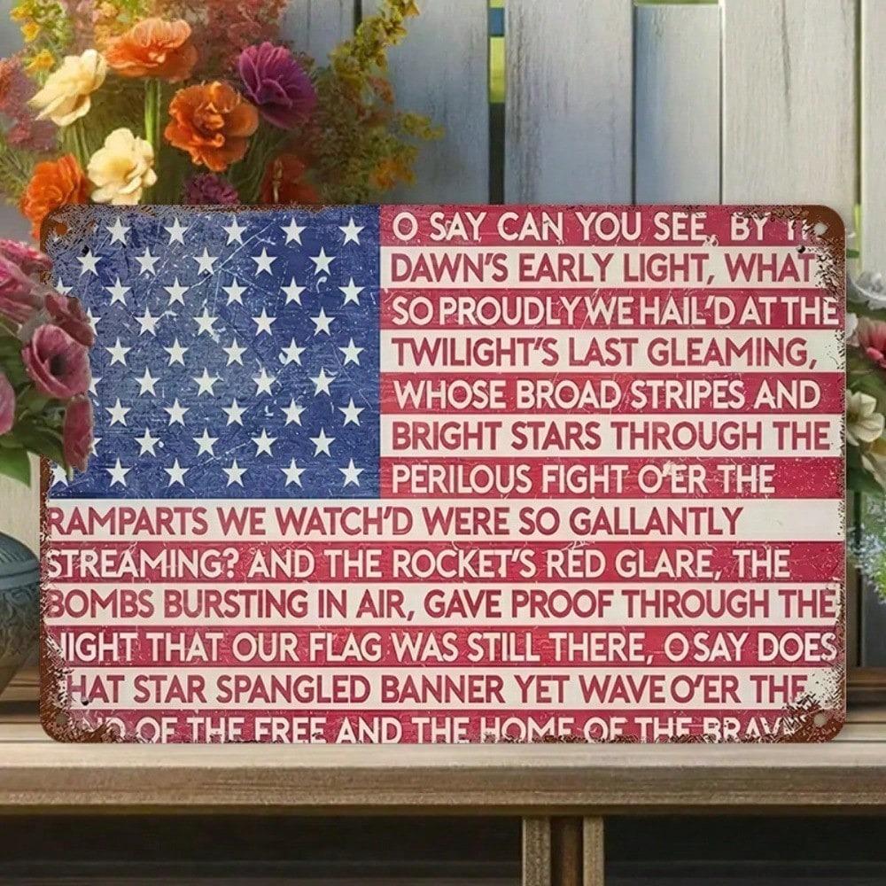 Vintage Patriotisches Blechschild 8x12 Amerikanische Flagge Wanddekoration Rustikale Hymnenkunst