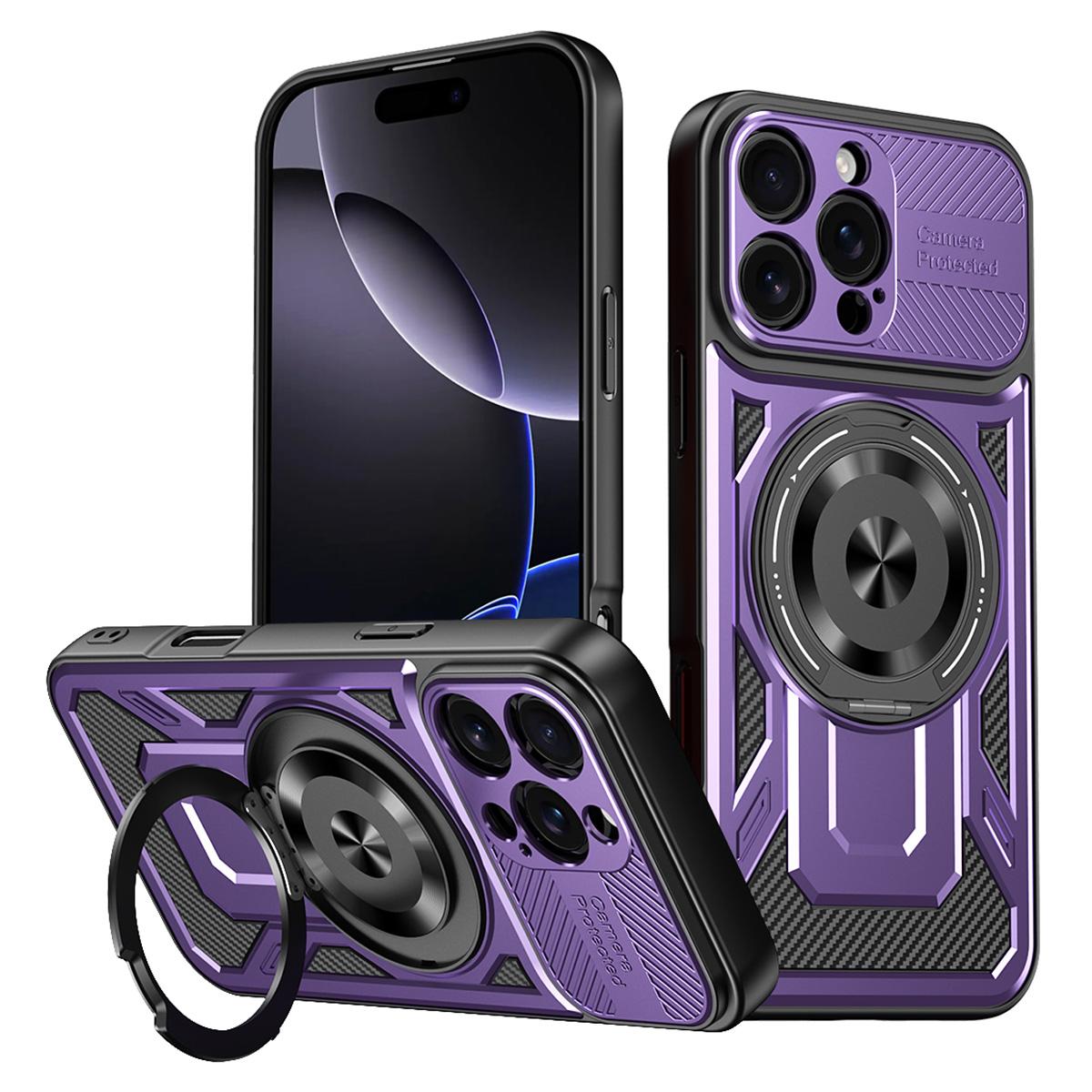 

Чехол для iPhone 16 Pro Max, совместимый с MagSafe, вращающаяся подставка, чехол для телефона из ТПУ+ПК Purple