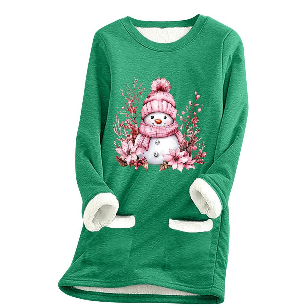Ladies' Loose And Comfortable Round Neck Christmas Print Thick With Pockets Long Sleeved Top